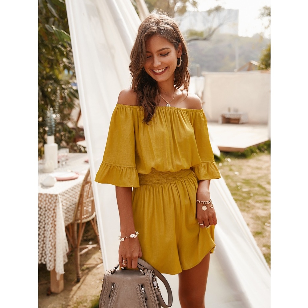 Mustard Yellow Off Shoulder Ruffle Detail Romper - Picture 6 of 9